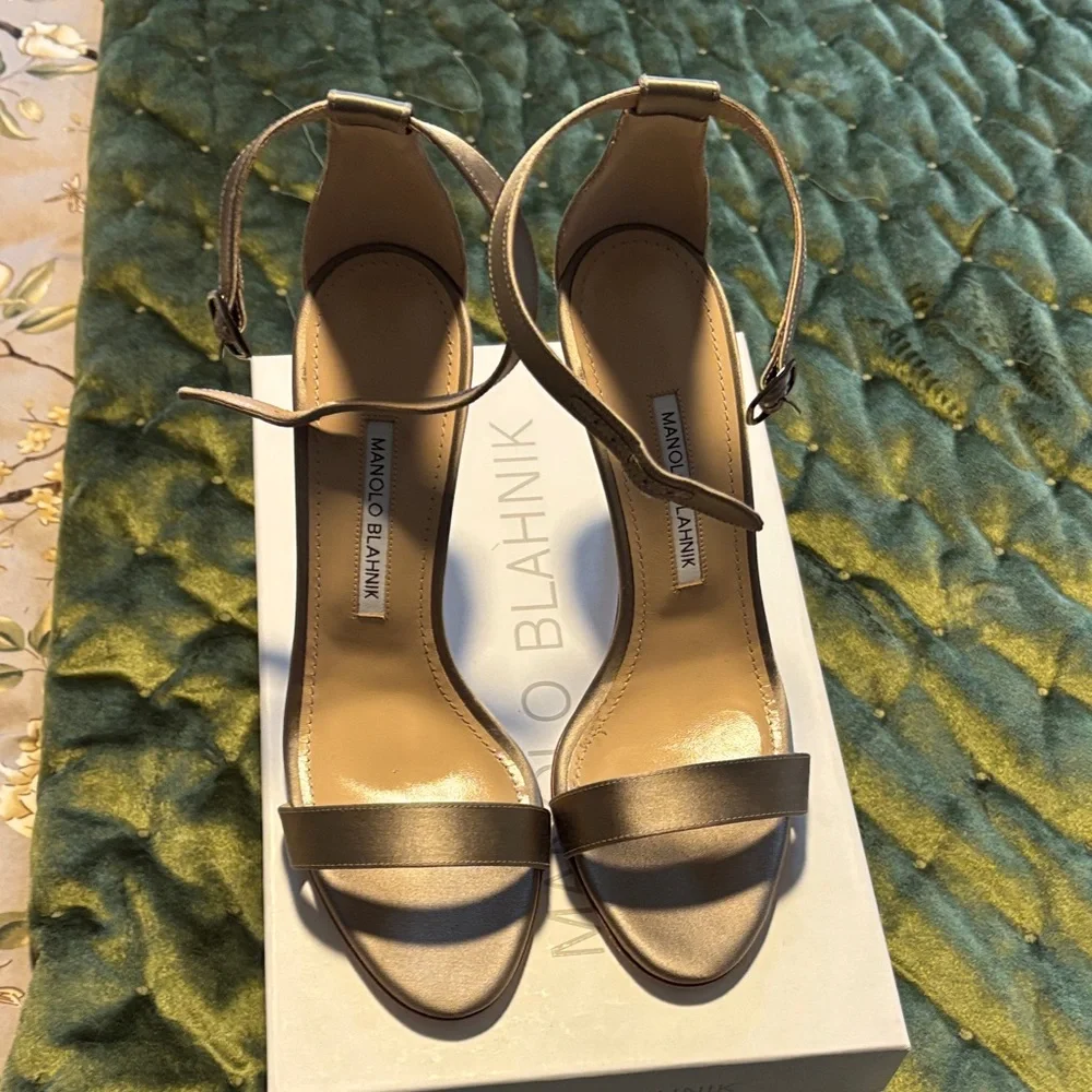 Manolo Blahnik Metallic Satin Ankle-Strap Stiletto Sandals - Picture 10 of 12